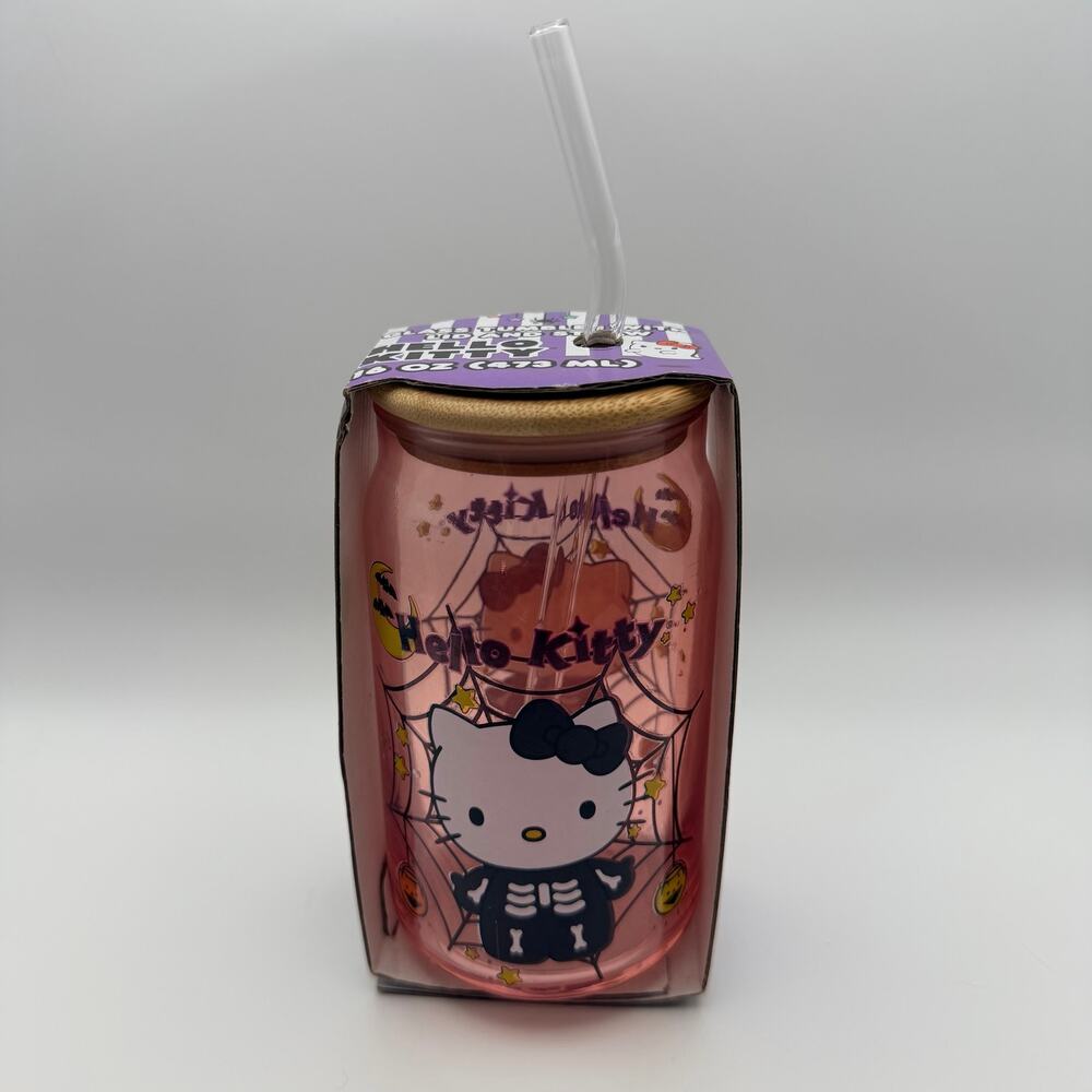 Hello Kitty Halloween Skeleton Glass Tumbler Bamboo Lid Straw 16 oz NEW